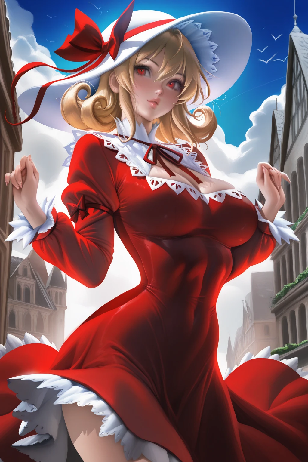 (masterpiece, best quality:1.2), (looking at viewer), happy face, princess, tiara, red theme, medium dress, blonde hair, red eyes, pantyhose,
