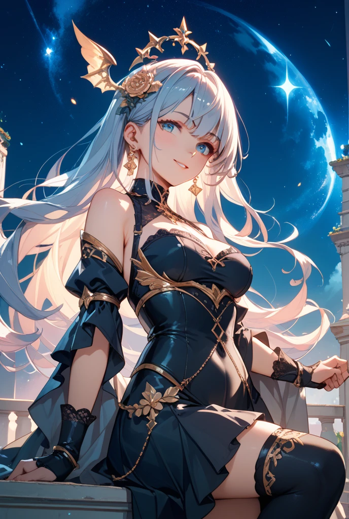 (masterpiece)、(highest quality)、((Super detailed))、(super delicate)、cute、Pastel colors hair、beautiful breasts、Gorgeous、fantastic sea of light、Gold, silver, and purple costumes