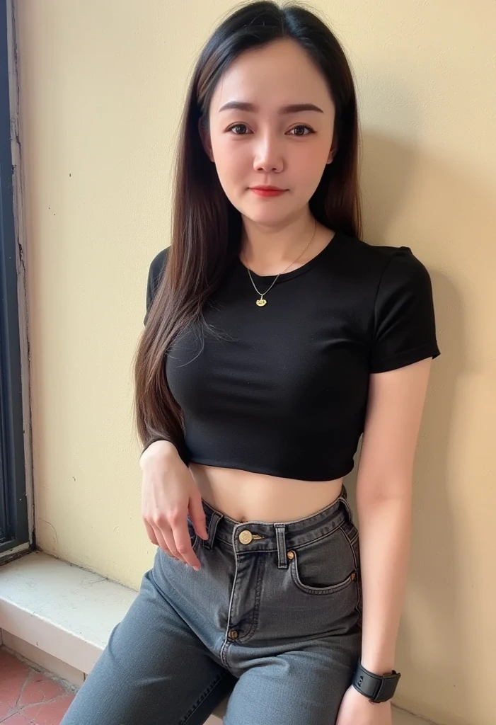 ((realistic lighting, highest quality, 8K, masterpiece, medium shot: 1.3)), clear focus: 1.2, 1 girl, perfect figure: 1.4, plump bust,((long black hair)),((With bangs)), (black crop top:1.4),The whole delicate breast leaks out,inside the locker room, sitting on a bench,Moderately thin calves,exposed thighs,navy blue ankle length socks,white sneakers,super fine face, fine eyes, double eyelid,White pleated mini skirt,Taking a selfie with a black smartphone in his left hand,Your face is hidden by your smartphone、holding the right leg with the right hand、resting his chin on his right knee、((((Panties are visible from inside the skirt))))、(white panties)、(tilt your head a little)
