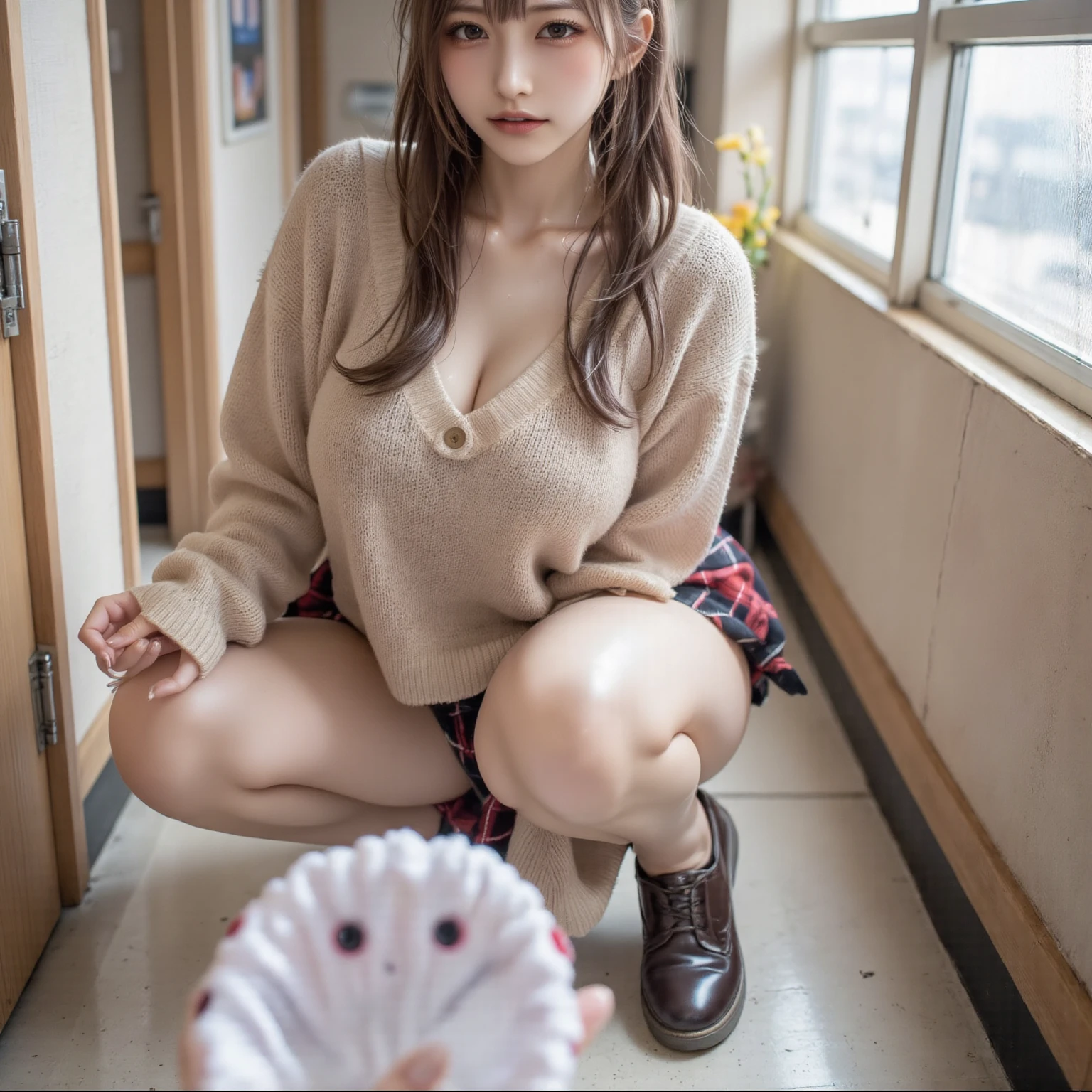 highest quality, Ultra-high resolution, Highly detailed skin, Physically Based Rendering,Down blouse,((from below))) ,(((Young face of 18 years old,Japanese high school girl、Place both hands on the ground、Leaning forward,naked,No bra)))(((panty shot.showing panties,squatting,open legs wide)))Small breasts, I can see the nipples too, from the front,))),(Japanese school girl uniform),(Beautiful background:1.2), (Cleavage), (Show me her white panties)Long black hair, open chest shirt