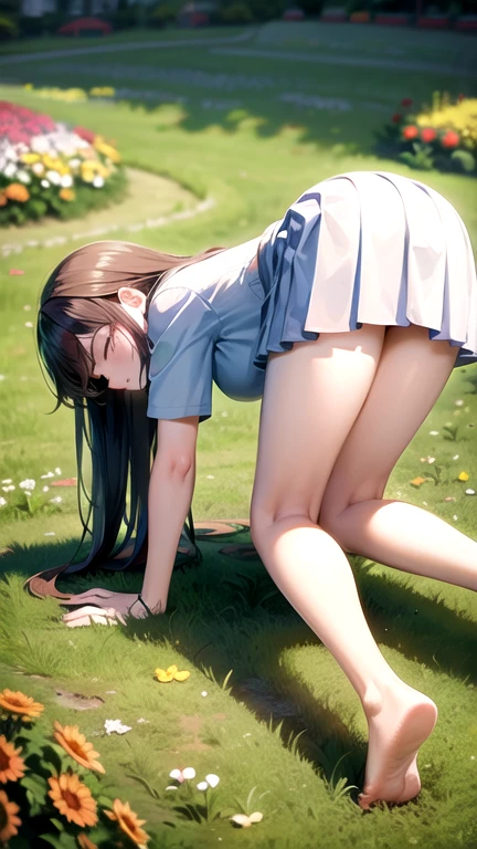 woman,Completely naked,Bob Hair,blush,Large Breasts,woman器,womanの自慰行為,Nipples get erect,woman器から白い液が流れる,Spread your legs,woman器を右手で触る,Crawl on all fours on the ground,In the woods