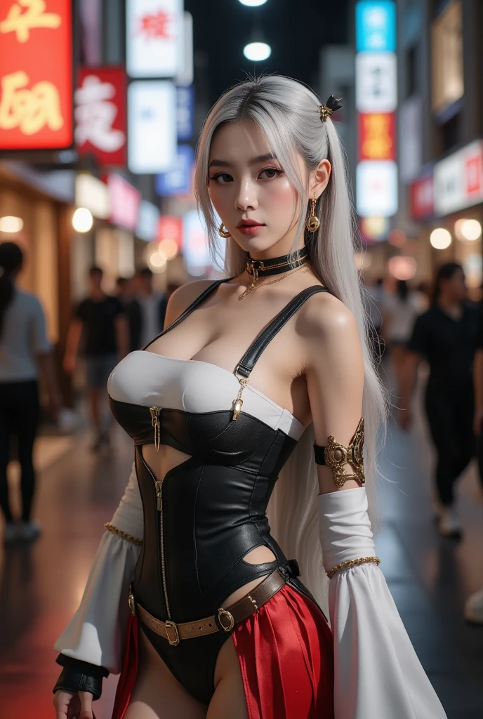 1girl,in the street,,in short costume, fully detailed face, fully detailed body, perfect eyes, medium , different colors on her face, master piece 1.2, day light, beautiful look...,