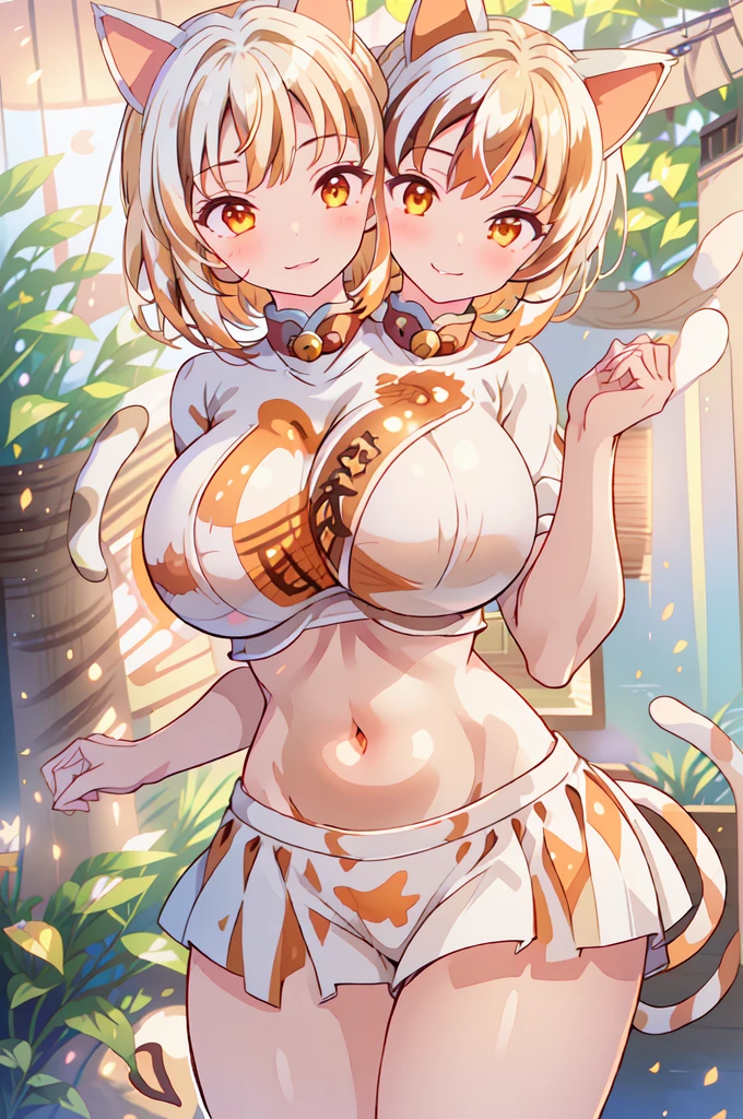 (masterpiece, best quality), best quality, (ultra-detailed), (3heads:1.5), 1girl, (ringo:1.3), masterpiece, best quality, ultra quality, ultra resolution, ultra detail, orange top, crop top, ((stomach)), midriff, ((groin)), yellow skirt, normal ears, shackles, blonde hair, very long hair, wavy hair, sidelocks, red eyes, parted lips, bunny girl, sweat, cute, toned belly, hand on own chest, eyelashes, (24 year old woman:1.3), (masterpiece:1.5), (best quality:1.5), (beautiful detailed), extremely detailed CG, extremely delicate and beautiful, depth of field, (finely detailed face), (perfect details:1.2), (mature female:1.3), wide pelvis, slender, large veiny breast, 16k resolution, highres, high quality, high definition, extremely detailed, masterpiece, blonde hair, long hair, alluring presence, braid, short skirt, close up, very big tits, huge tits, young, short hair, rabbit ears, bunny ears, brown patterned newsboy cap,
