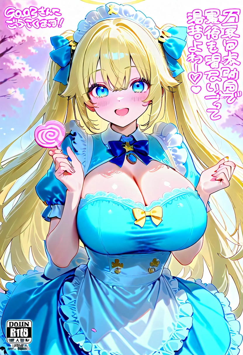 a beautiful 20 year old blonde woman with big messy hair in a blue dress, white stockings, black headband, cleavage, holding a glowing mushroom, fantasy art style, rossdraws cartoon vibrant, alice x. zhang, alice in wonderland cyberpunk, cute detailed digital art, colorfull digital fantasy art, digital fantasy art ), glossy digital painting, rossdraws pastel vibrant, rossdraws 2. 5, rossdraws 1. 0