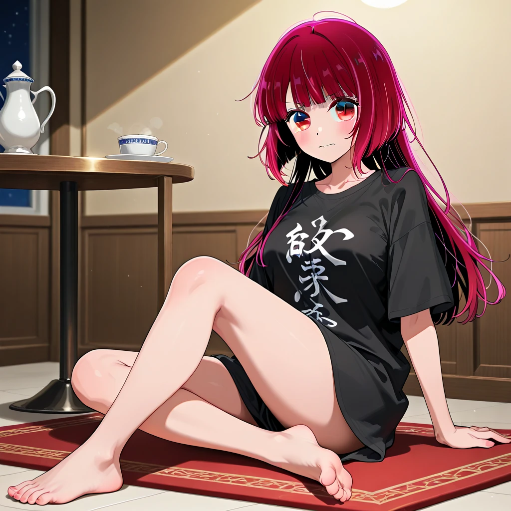 Girl, long red hair and eyes, white shirt, oversized clothes, black sock, black string underwear