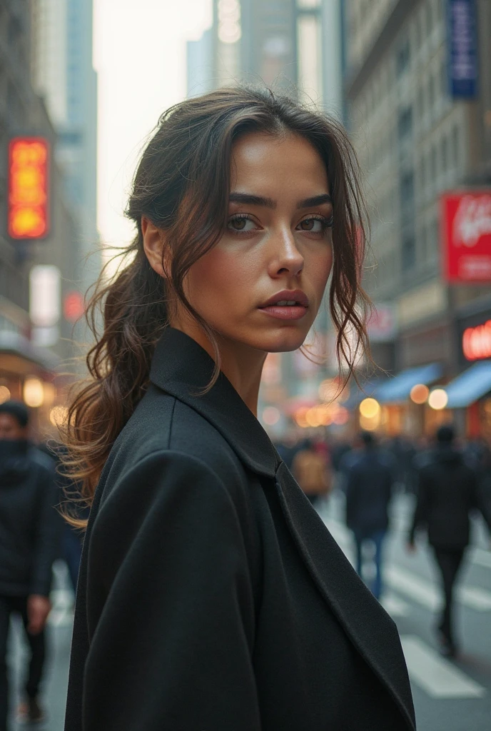 a picture、(Photorealsitic:1.4)、(hyper realisitic:1.4)、(Cinematic:1.5)、Woman in her 20s、（beautiful and delicate face）、（High-quality eyes）、Fashion Photography、newyork、street、Building Street、tiffany、super model、Herblitz、lensflare、Steam Steam、monochrome
