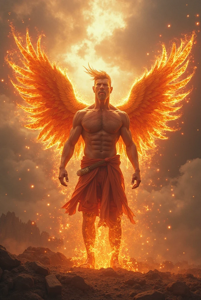 (best quality,4k,8k,highres,masterpiece:1.2),ultra-detailed,(realistic,photorealistic,photo-realistic:1.37),man with phoenix wings on his back,fire surrounding his fist,feathers,captivating expression,flaming wings spread wide,Fiery light,cinematic mood,dramatic angle,heroic stance,mythical creature,sculptural details,radiating power,celestial aura,vibrant color palette,scorching flames,epic fantasy,mythological hero,heroic mythology,combustible energy,luminous heat,dynamic movement,high-contrast lighting,archetypal figure,detailed feather texture,mythical symbolism,fiery trails,embodying strength and grace,vividly glowing embers,powerful presence,extraordinary supernatural ability,astral fire,enduring power and rebirth,fiery spirit,awe-inspiring spectacle