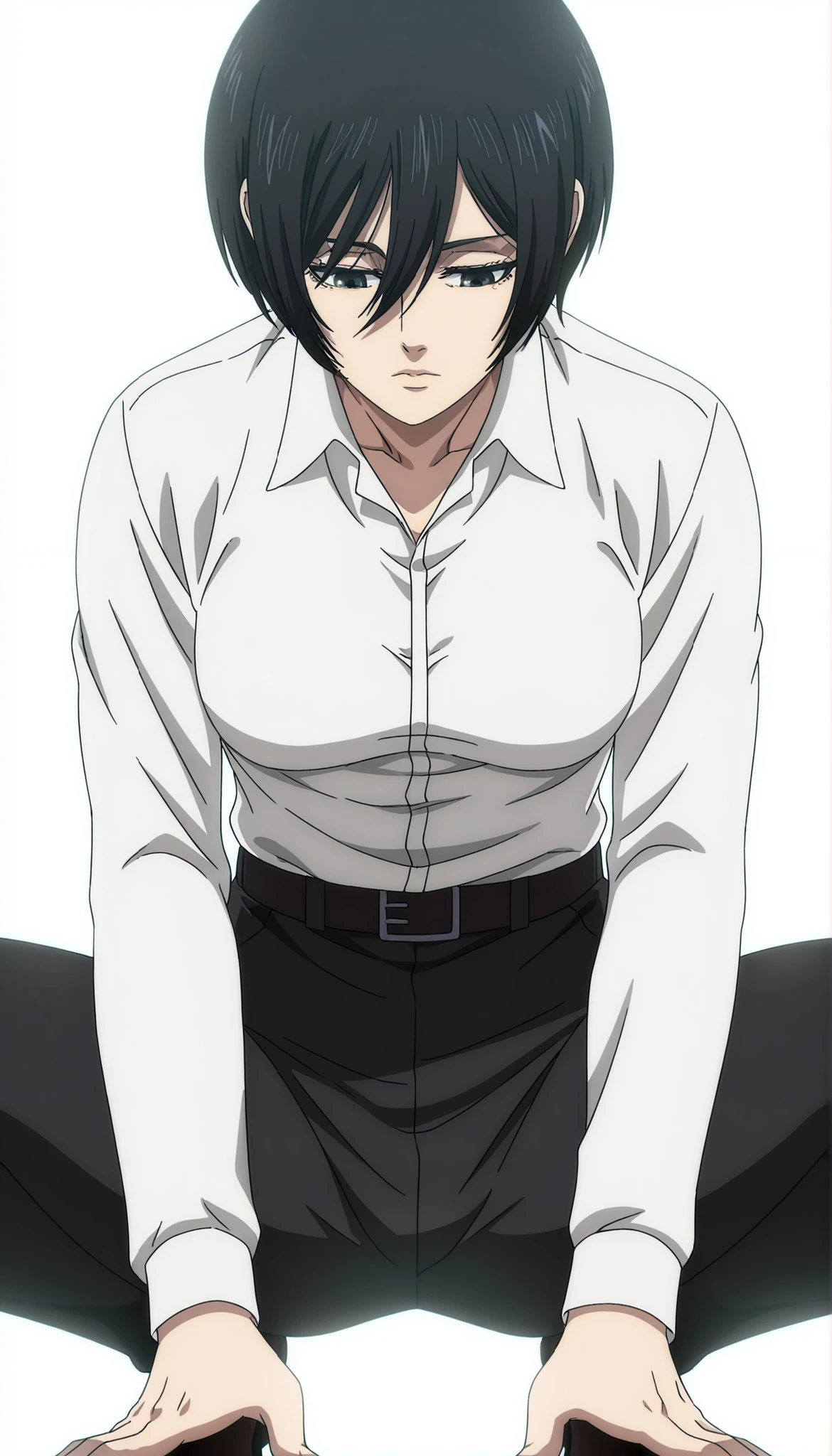 anime coloring, anime screencap, mikasa ackerman, 1girl, solo, short hair, black hair, looking down, closed mouth, white shirt, collared shirt, dress shirt, belt, black pants, squatting pose , from earth below between thighs, , white background, simple background, masterpiece, best quality, highres, very aesthetic, very awa, newest, amazing details, intricate details, ultra detailed
