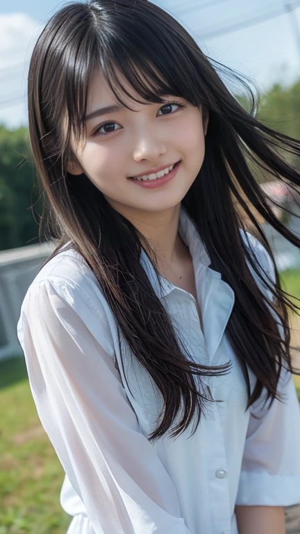 (best quality,masterpiece:1.2),realistic and sharp details,natural lighting,(detailed face, detailed eyes, perfect teeth alignment,sophisticated nose),pale skin,fine-textured skin,sweaty,shiny skin,photo background,Break,a beautiful sexy japanese girl is wearing a high-school uniform and show pantiese,mega breasts,smile