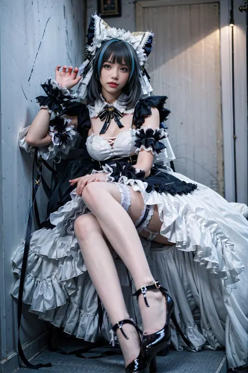 best quality, masterpiece, realistic, (photorealistic:1.4), 1girl, solo, full body, cheshire cosplay costume, cosplay, ribbon, animal ears, high heels, garter straps, wrist cuffs, sitting, looking at viewer, indoors, <lora:cheshire_cosplay_costume_v1:0.7>