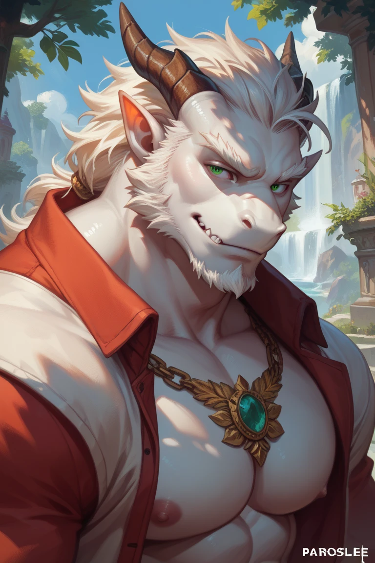 score_9, score_8_up, score_7_up, score_6_up, score_5_up, score_4_up, (solo), male anthro grey dragon, solo, castle, sitting, topless outfit, medium length dark grey hair, red eyes, pecs, abs,