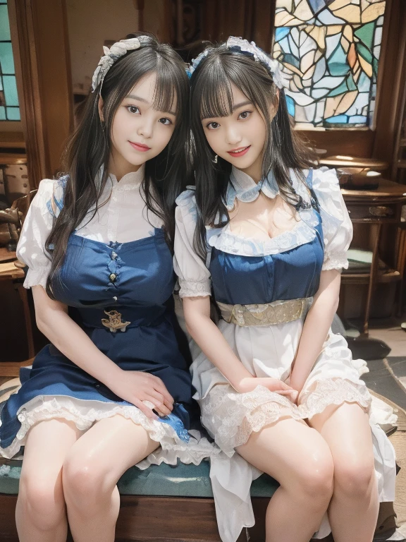 (((2 girls two shot)))(((highest quality)))(((Raw photo)))(((details face)))(((baby face)))((()))(((detail body)))(((model body shape)))(((seductive body)))(((big breasts)))(((NSFW)))(((long hair that reaches to the waist))) table top (((Blue and White Edwardian Maid Outfitを着た2人の女の子))) blue and white edwardian maid dress Blue and White Edwardian Maid Outfit Girl in Japan maid outfit Blue and White Gothic Maid Costume Blue and White Edwardian Maid Outfitの女の子 Maid headband with large frills (((Sparkling stained glass Large room of sparkling marble High-end furniture Luxuriously furnished living hall))) big glass window Japan teen looking at camera angelic smile lesbian couple sitting shoulder to shoulder on sofa in front of camera(((Cheek to cheek))))(((Dynamic Embrace)))(((Dynamic Pampering Pose)))(((Dynamic Hug Scene))) lesbian couple