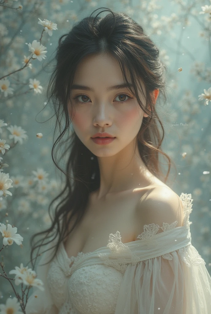 portrait of a beautiful woman in a windy and bright field, Riu, (backlight), realisitic, work of art, highest quallity, Lens flare, ombre, blossom, [[Chromatic aberration]], por Jeremy Lipking, by Antonio J.. Manzanedo, digitalpainting, Estilo-GlassFinal, natural skin texture