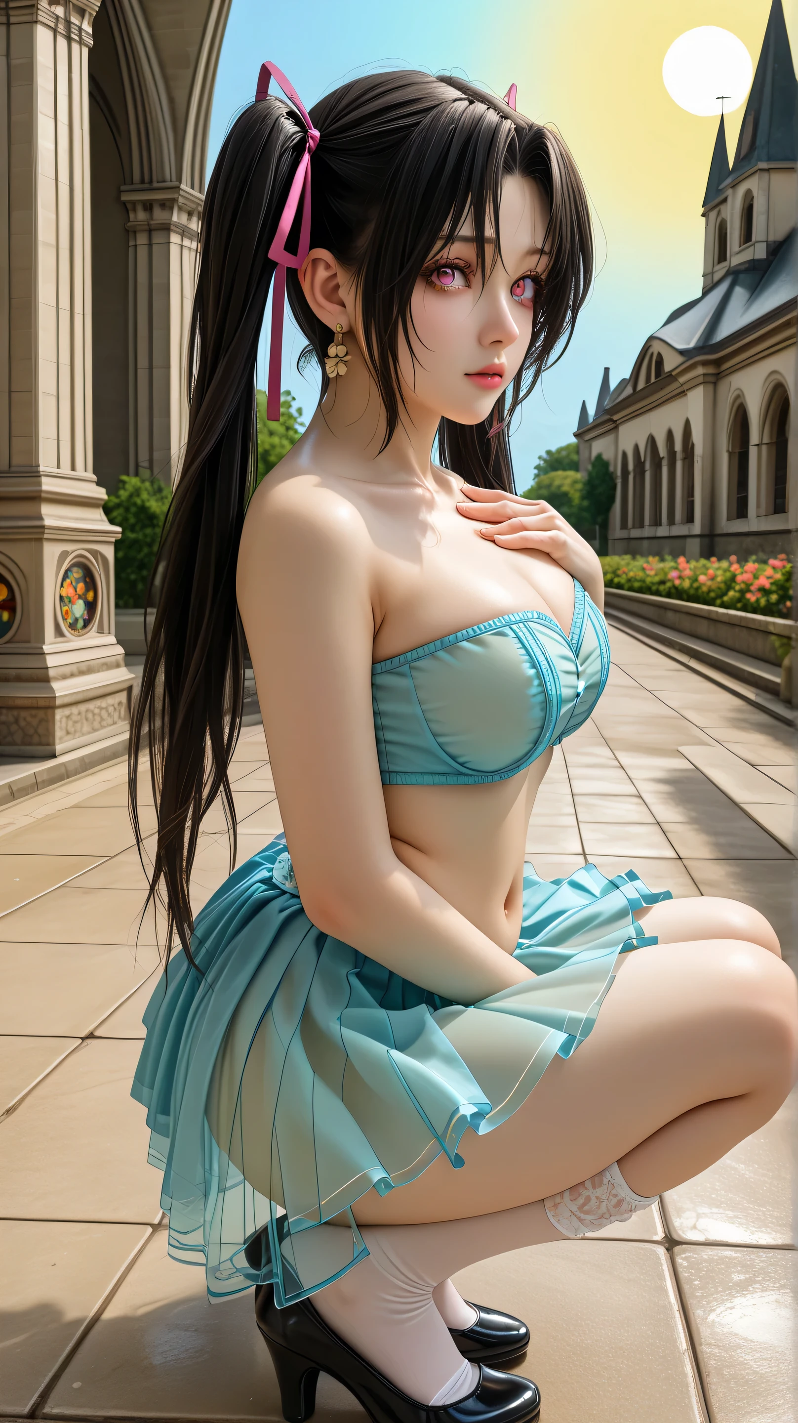 keyword: 1girl in photoshoot,hatsune miku, Japan person, looking at the view, eyes on the view, smile (big smile), (open mouth), full body, 25 years old girl, perfect body, perfect anatomy, long twin tail hair with pony, bright tosca hair, tosca eye color, double eyelids, huge breasts, Highly detailed skin texture,(Realistic skin), Ultra-Detailed Face, Detailed Lips, Detailed Eyes, Double Eyelids,nacklaces, wet skin, wet hair, sexy poses, model poses, luxury satin dress (black), (8k, RAW photo, best quality, masterpiece: 1.45), (realistic, photorealistic: 1.37), professional lighting, photons mapping, radiosity, physically based rendering, Deep V-neckline, top quality photo, high res, 1080p, (clear face), (detailed face description), (detailed hand description), (masterpiece), (exquisite CG), extreme light and shadow, disheveled hair, master work, rich details, (fine facial features), (highest quality photo), (masterpiece), (detailed eyes), look in front of you eyes, fine clavicle, ((large breasts)),(((areola_slip))),((puffy areolae)),((sideboobs)),(underboob),(((collar))),earrings,cowboy shot