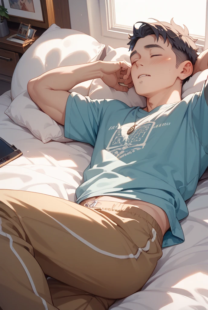 masterpiece, alone, best quality, 1 male, Young adults, tall muscles, Handsome, exquisite eyes, intricate details, ,abdominal muscles,No clothes on,white, disheveled brown hair, medium length hair, complex patterns, best light and shadow, background inside house, sitting on bed, dappled sunshine, deep, Smile, Keep your mouth shut