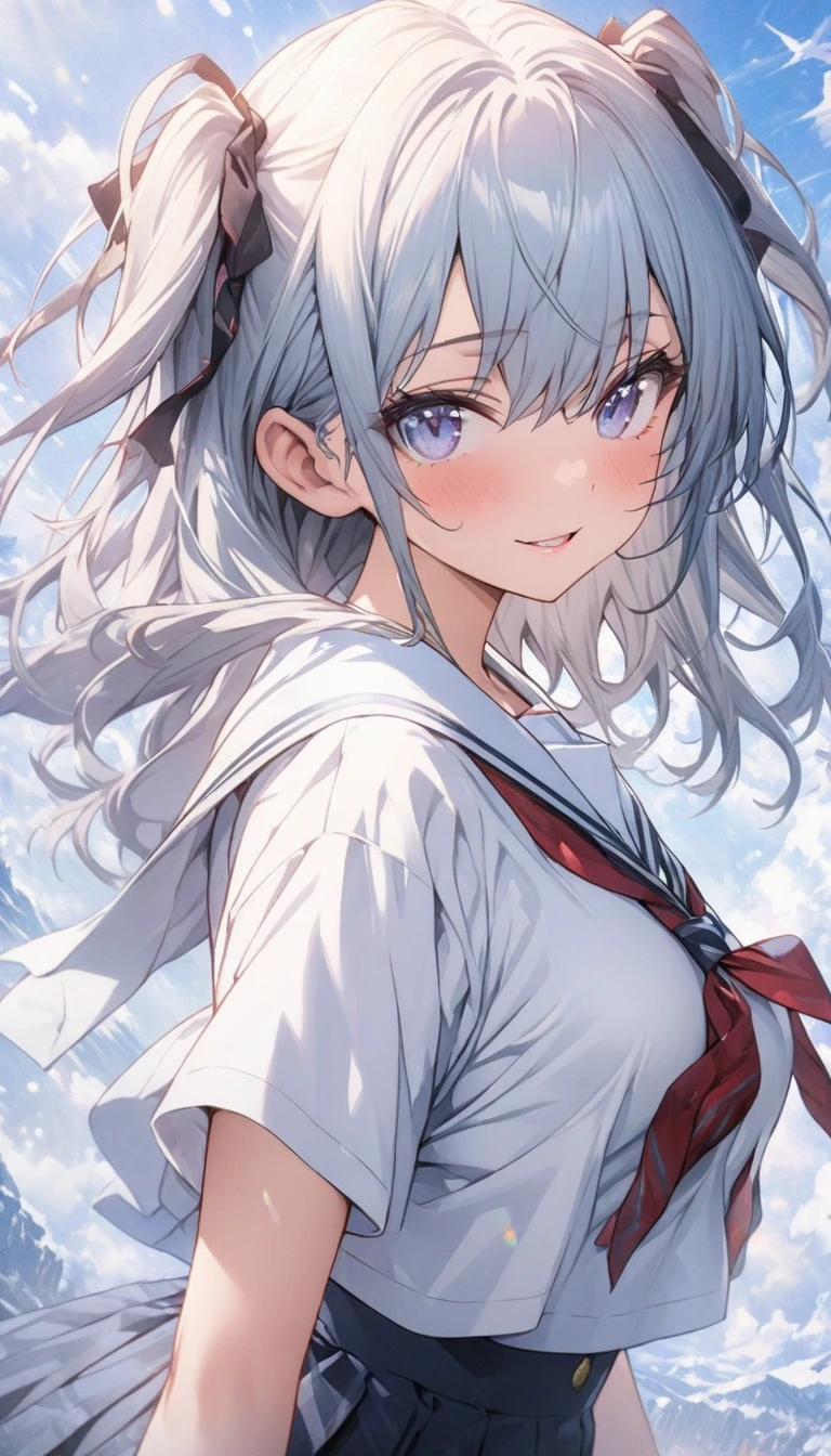 beautiful girl, long grey hair, beautiful face,smiling,close up to hips, beautiful breast, in the middle of flowers field, (open mouth:0.4),illustration,detailed textures(realists),ultra-detailed,portrait style,vivid colors,soft lighting, blushing, mature, hair fluttering, evening light , head band, half body, cleavages, wearing beautiful night sleepwear, side profile, no bra:0.4