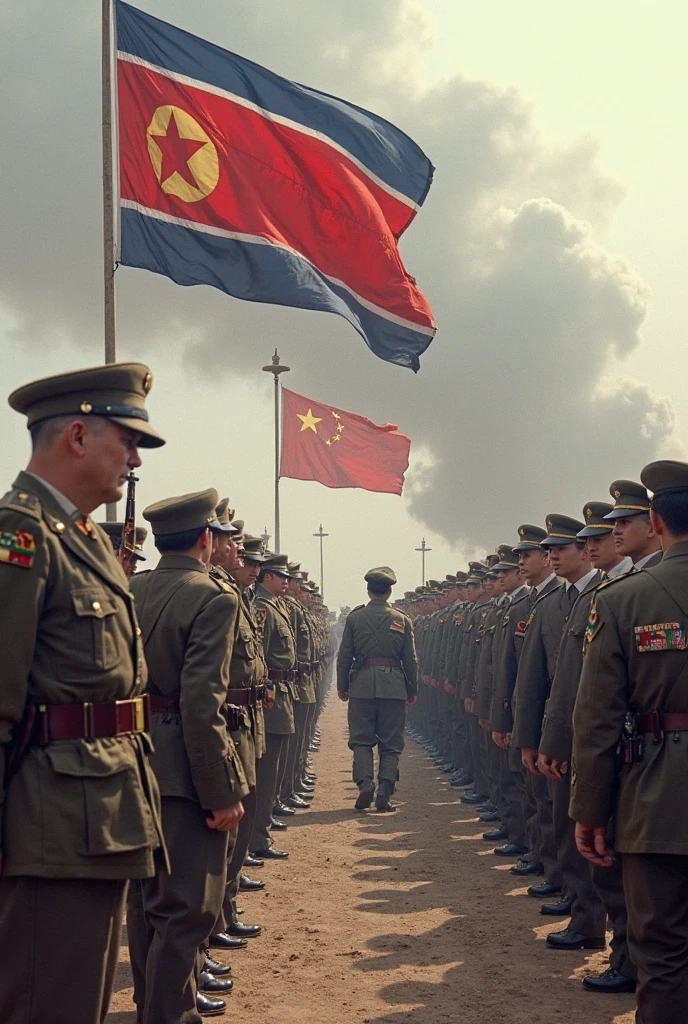 Anti-Japanese scenes, animation, old photos, five-star red flag, Chinese army, Communist Party, 87-style military uniform,