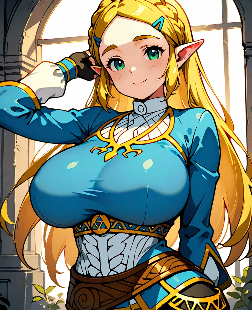 A Mature Woman with long hair in blue and beige clothing holding a modeling pose, warrior, Zelda, full body Portrait of Zelda, Zelda legend, Photos cosplay, Ornate Cosplay, Professional Cosplay, Cosplay, Full Cosplay, Artgerm Moody Photography, Princess Zelda, Zelda as Triforce, Hyrule, Anime Garota Cosplay, ray-traced, 3d-render, extremely detailed, high quality, realistic light and shadow, hair loiros, eye reflection, slight smile, (Ultra Quality,Unparalleled Masterpiece:1.4)Overwhelmingly Pixel-Perfect,Ultra-Detailed CG 4K,(Ultra-Detailed Clear Absurdly-Vivid Jade Big Eyes:1.2),Gorgeous Round Detailed Face(Voluptuous:1.4)Elf(big Breasts:1.8)(Voluminous Long Blonde Hair: 1.4),ADULT(Bangs, Sidelocks:1.2)Seductive(intricately detailed white dress:1.3)(Zelda)(Celestine Lucullus: 1.2)(Solo:1.4)(1Girl: 0.5)(Facing Viewer:1.2)(arms behind back:1.2)(Cowboy Shot:1.2)(from above:1.1),Skindentation(Curvaceous:1.4)(Curvy:1.4)(Bimbo: 1.4)(Normal Waist: 1.2)(Thick Lips: 1.3)small-nose(light smile: 1.2)Rocks,Trees, Plants,Bush,Color Graded