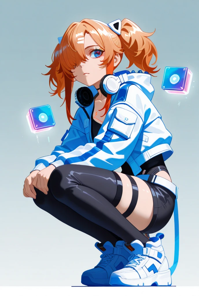 1girl, solo, orange hair, twin buns, blue eyes, eyeliner, light grin, medium breasts, white hoodie with light blue hood, black choker, denim shorts, light blue sneakers, frow below