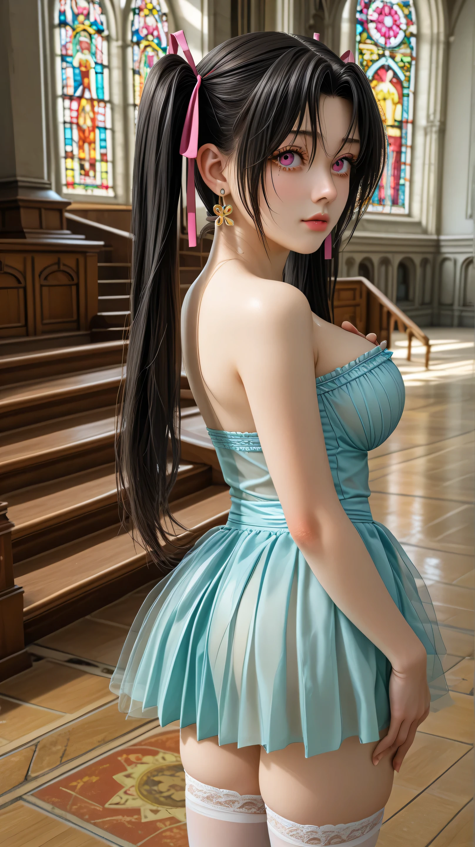 A girl anime character with big nipples and very short dress and saxy