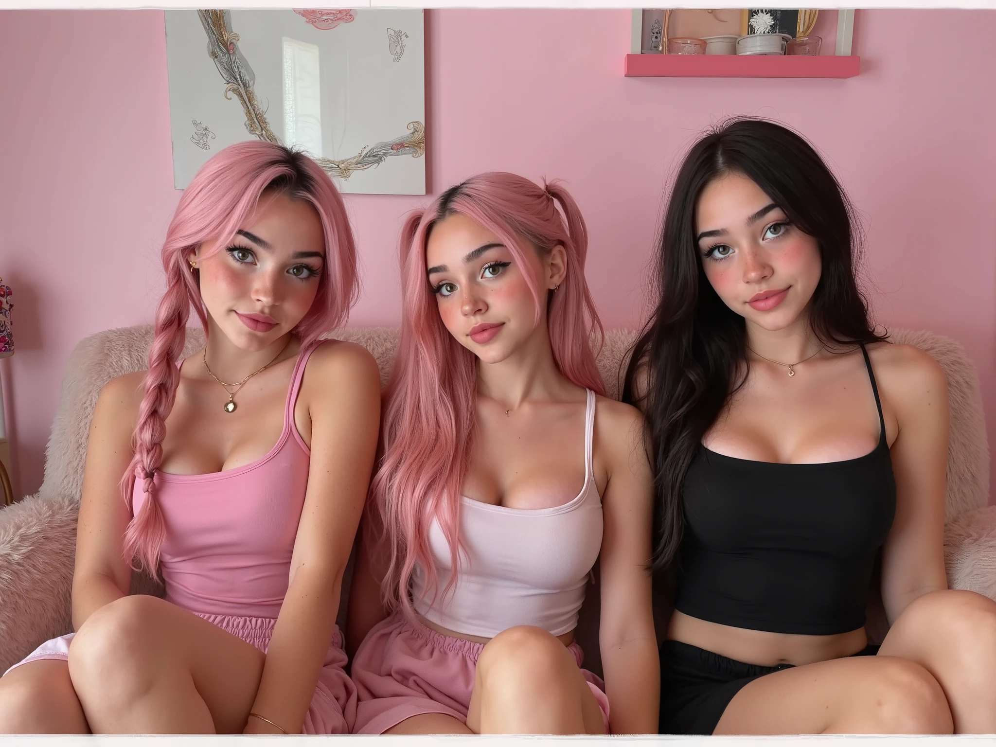 (raw, film photo, disposable camera), close-up portrait of 3 stunningly beautiful school girls, pink hair, black hair, ponytail, sitting on furry pink couch, ((pink tank top, black tank top, cleavage)), tight clothes, punk, goth, pink skirt, black skirt, cleavage, looking at viewer, pastel decor, pink walls