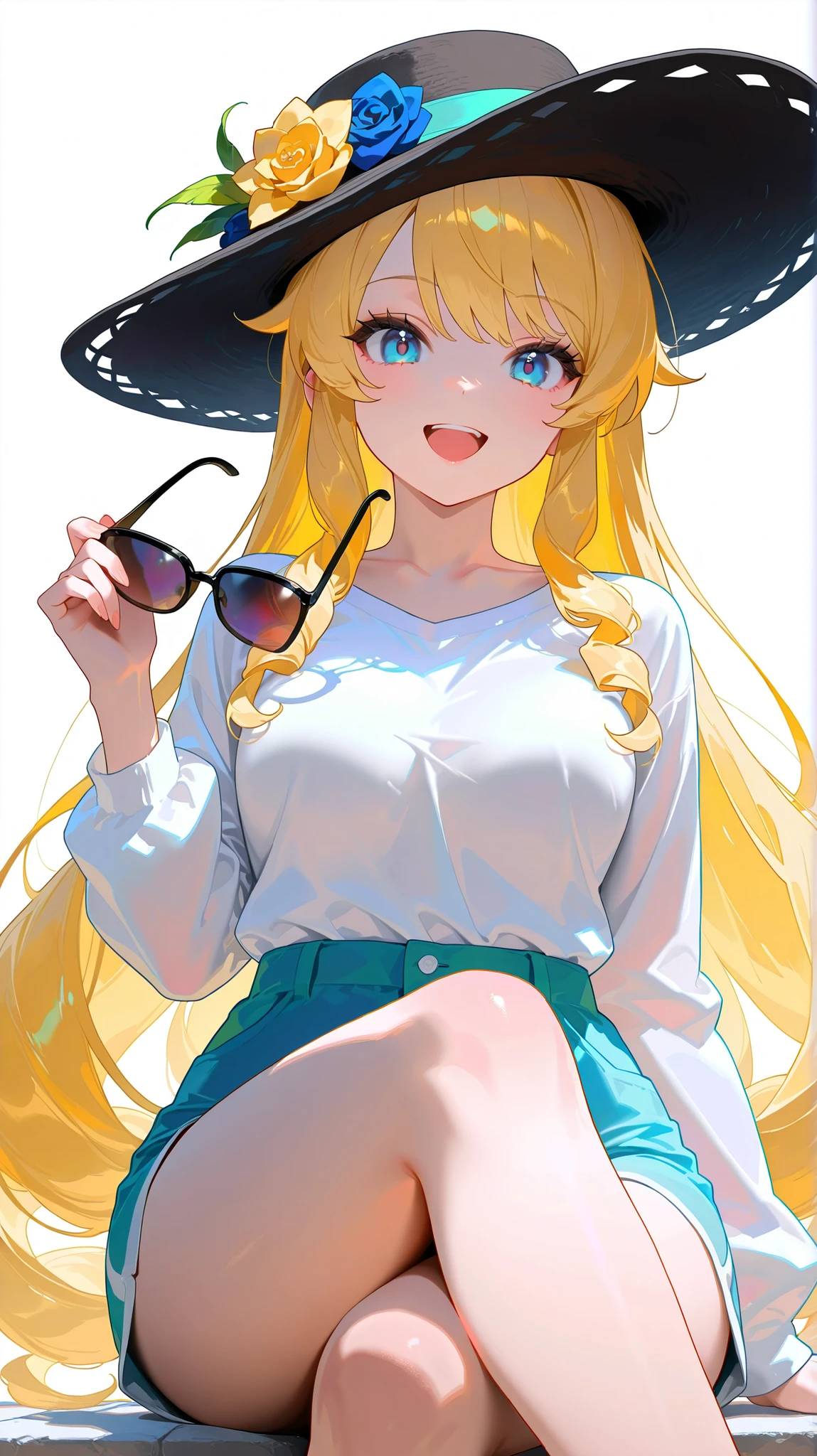 masterpiece, best quality, best quality, official art, beautiful and aesthetic:1.2),(8k, best quality, work:1.2), (((masterpiece))),(((best quality))),(((very detailed))), illustration, who, (masterpiece, best quality, best quality, official art, beautiful and aesthetic:1.2),(8k, best quality, work:1.2), naviard, blonde hair, blue eyes, long hair, drill hair, white background, background simple, 1girl, solo, unworn eyewear, blonde hair, blue eyes, holding removed eyewear, black headwear, holding, shirt, long hair, shorts, drill sidelocks, hat, white shirt, sunglasses, smile, blue shorts, looking at viewer, hat flower, sitting, open mouth, flower, long sleeves, sidelocks, crossed legs, drill hair, alternate costume, breasts, :d, very long hair, white background, simple background, feet out of frame