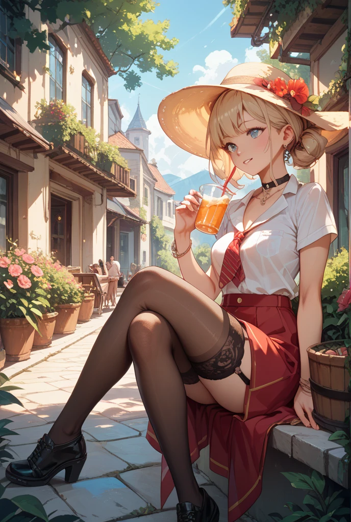 ((best quality)), ((masterpiece)), (detailed), perfect face, blonde germanic 1girl sitting on a bench with a mug of beer in her hand, octoberfest, sexy maid, bench, full length and white stockings, black shoes