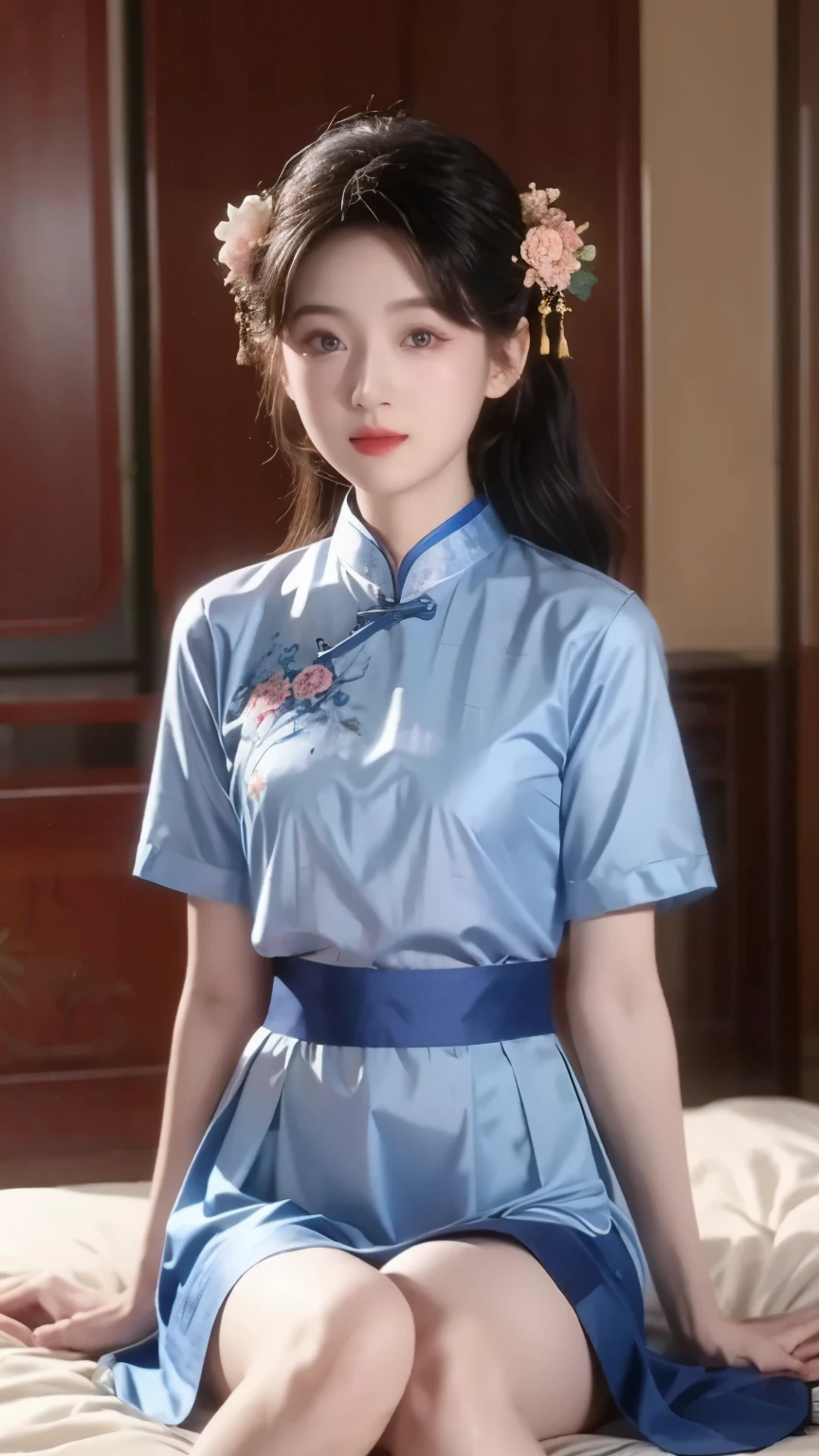 Real People, 1 girl, [blue bow, blue eyes, blue flowers, Blue Ribbon, blue Rose, Chest, Chinese clothing , Chinese clothing , skirt, flower, Gradient , Gradient background, embroidered ball flower, watching the audience, small Chest, Rose, Single, sitting on the bed