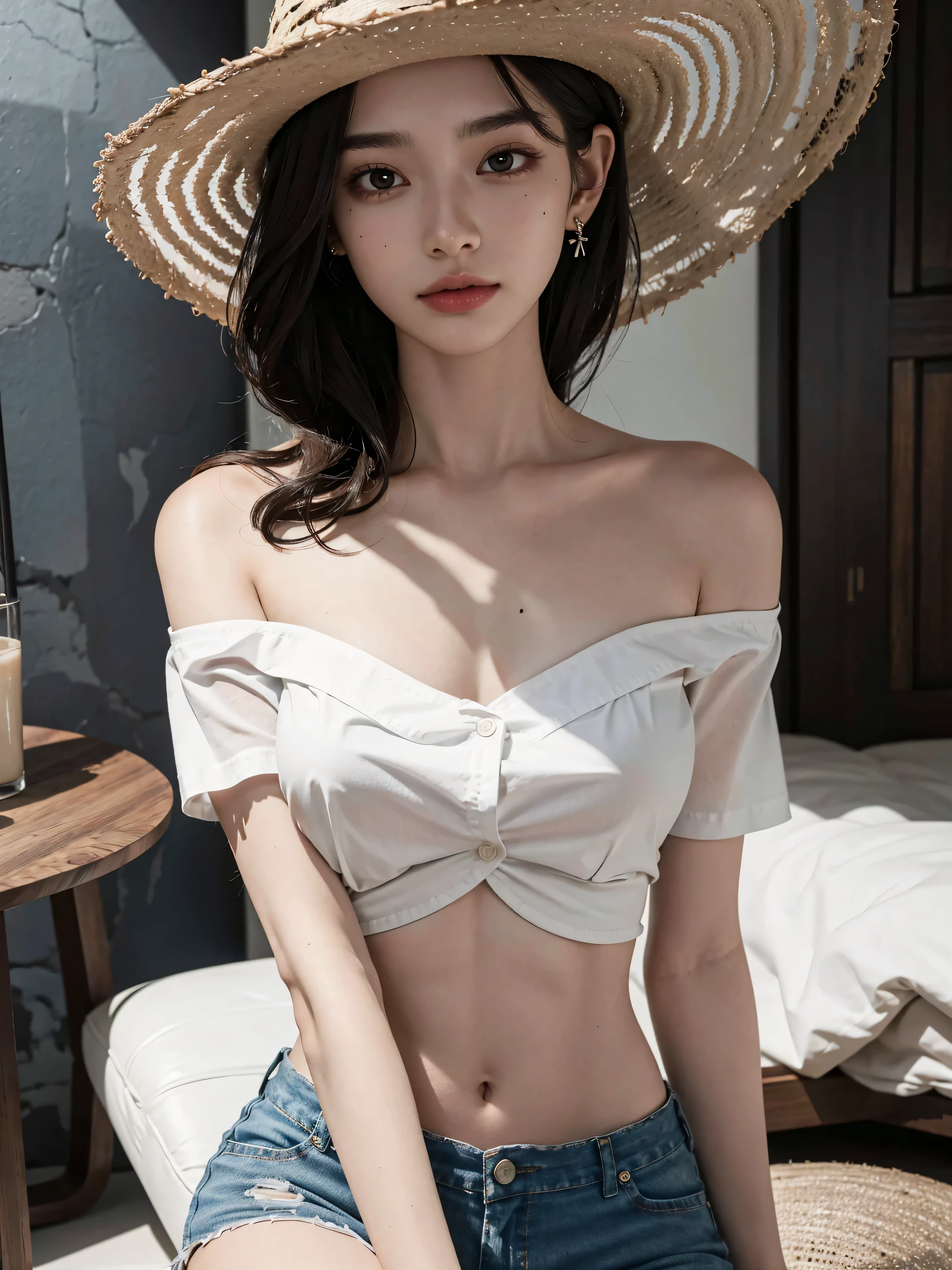 absurdres, RAW photo, extremely delicate and beautiful, masterpiece, Best Quality, ultra high resolution, 32k, hyperrealistic, ultra-detailed, perfect anatomy, super Detailed skin, Super Beauty, perfect figure, Perfect Style, Perfect balance, in her 20s, very small head, very small face, delicate facial features, tearful mole, earring, very huge breasts, bare legs, full body shot, medium hair, black hair, casual, blouse, white shirt, buttoned shirt, bare shoulders, collarbone, midriff, navel, shorts, straw hat,