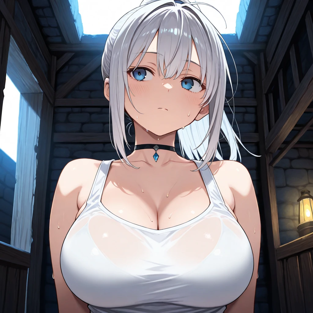 (Hyper-realistic)、(a picture)、(hight resolution)、(in 8K)、(highly detailed)、(Best Illustration)、(Beautiful detailed eyes)、(top-quality)、(ultra-detailliert)、(Master masterpiece)、(wall-paper)、drooping eyes、full of sweat、(nude:1.4、Naked:1.4)、(short-length hair、(silver to bright red ombre hair:1.2)、black choker:1.4)、独奏、1 woman in Japan、22 years old、(1girl、boy)、(doggystyle)、(sex from behind)、(iuuiahegao、tears:1.4、A detailed eye、二重まぶた、thin cheeks、 shinny skin、shiny small neck、lighting on the face)、street in the back alley、(Realistic big breasts:1.8)、(crop shirt:1.4)、(croped shirt)、(underboob)