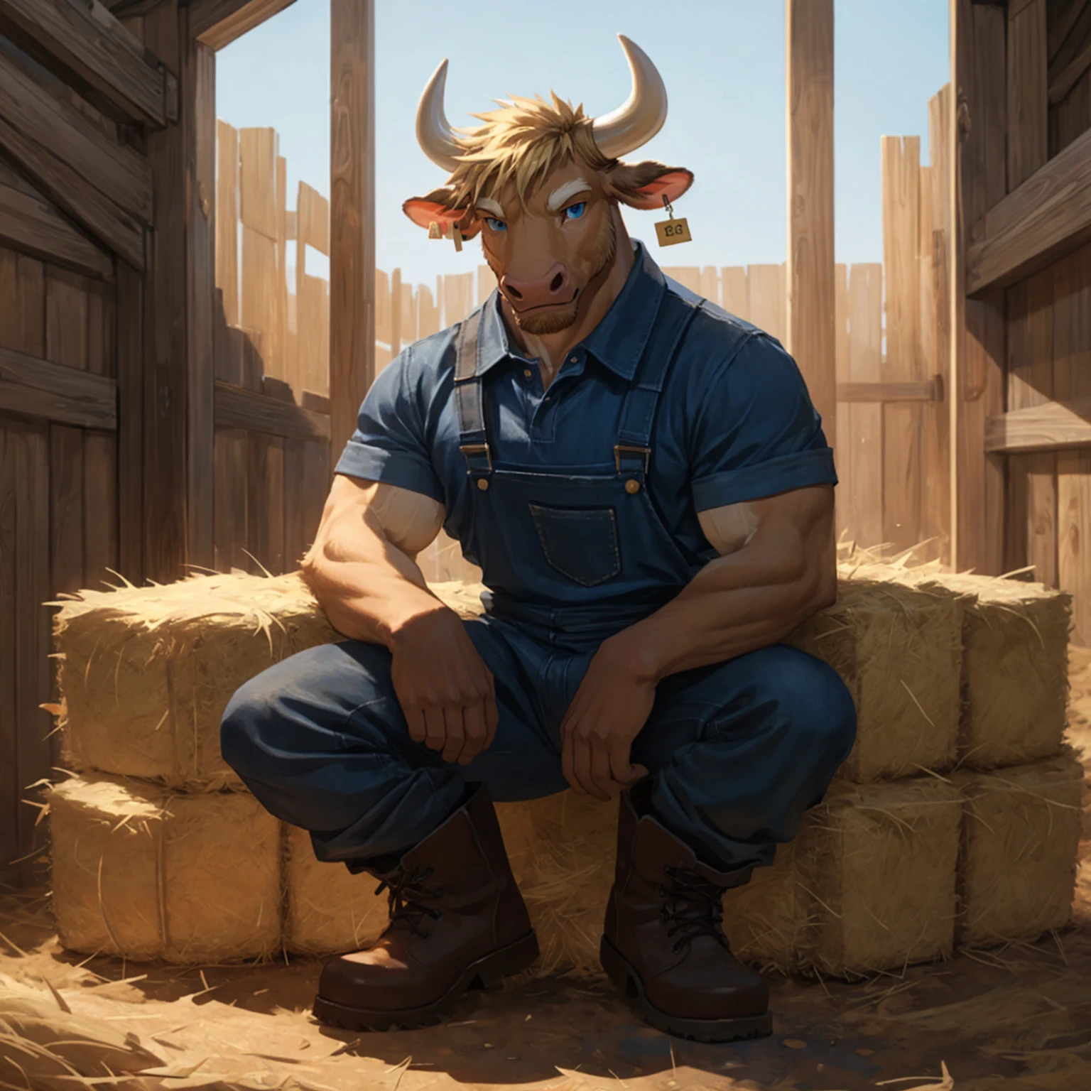 handsome male, cow, two pointy horns, cattle ear tag, heavy muscular build, light brown short messy fringe, ((best quality)), ((masterpiece)), (detailed), perfect face, blonde fur, blue eyes, good detailed eyes , leather jacket, mischievous, realistic, barn background, sitting on bale of hay, underwear, large bulge