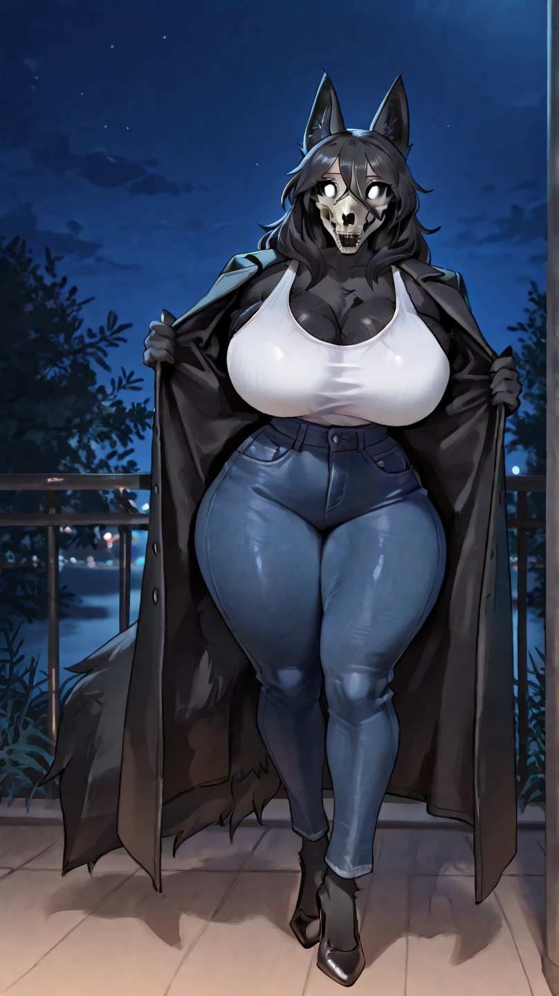 A goth cat wearing a small tight torn croptop, small tight torn jean shorts and fishnets on her arms and legs, long black hair, Giant soft boobs, large soft plump butt and thighs, horny, muscular, big