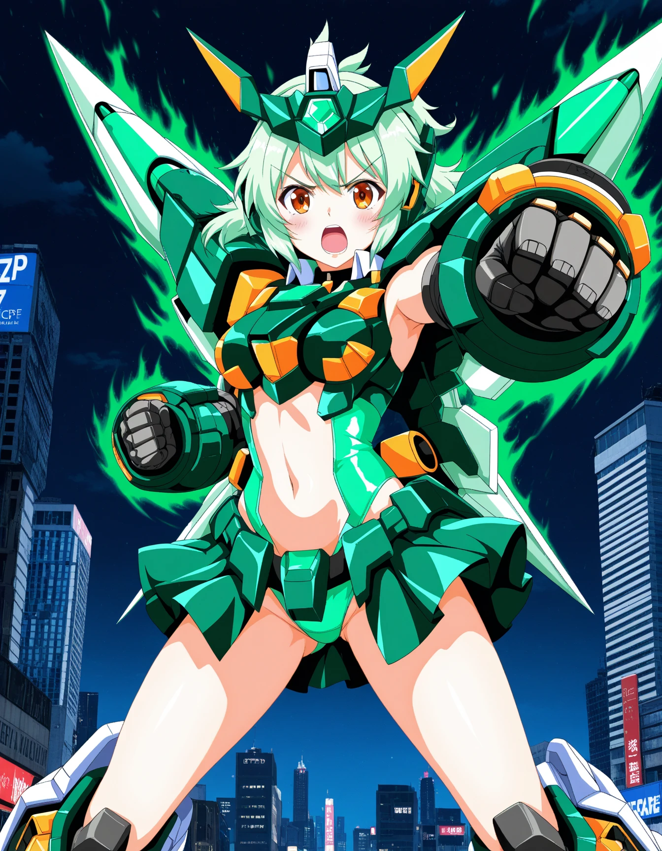 masterpiece, best quality, detailed eyes, black background,
1 anime girl, (cowboy_shot view), thighs,
shiny skin, oily skin, 
[standing straight],
extreme lowleg, very skimpy,
(mechanical wings girl), vibrant colors, (extremely bulky mecha armor), (yellow armor), purple, green hair, lime green eyes, martial artist attire, wasp abdomen behind character,
(bulky gown), spiked headgear, 
mecha headgear, mecha gear, sci-fi, mecha musume,