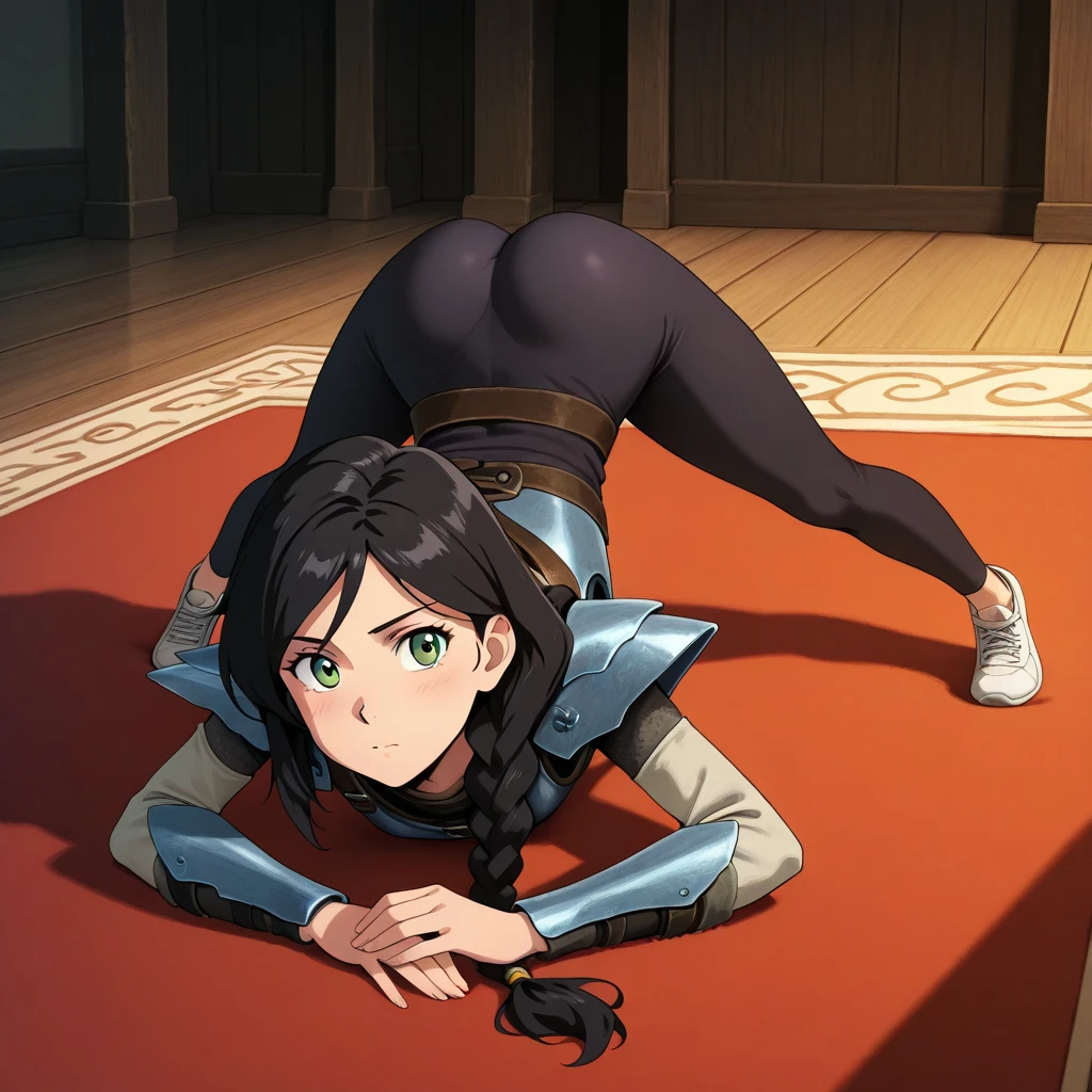 Masterpiece, Avatar Korra, giantess, looming over tiny guy, indoors, glaring, smirk, intimidating, dominant, femdom, looking down on tiny guy, sitting on tiny guy, perspective of the tiny guy, sticking hand down her panties