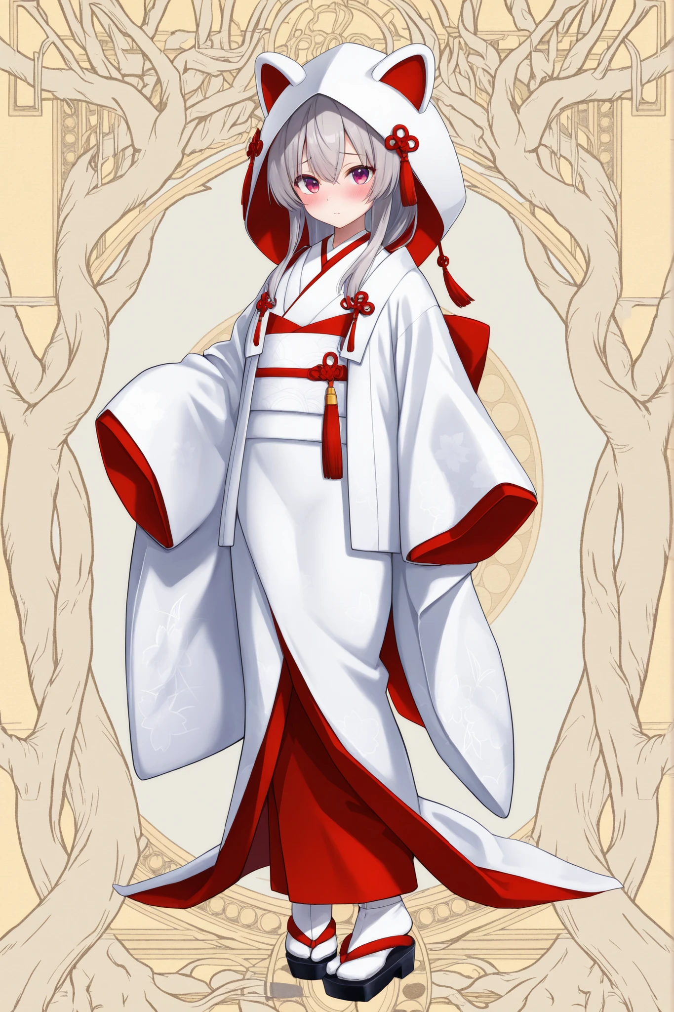 1girl, solo, long hair, looking at viewer, blush, long sleeves, animal ears, closed mouth, standing, full body, grey hair, japanese clothes, shiro-muku, socks, hood, wide sleeves, kimono, sleeves past wrists, white socks, sandals, obi, tassel, sleeves past fingers, hood up, 白無垢, geta, tabi, zouri, uchikake, 髪飾り