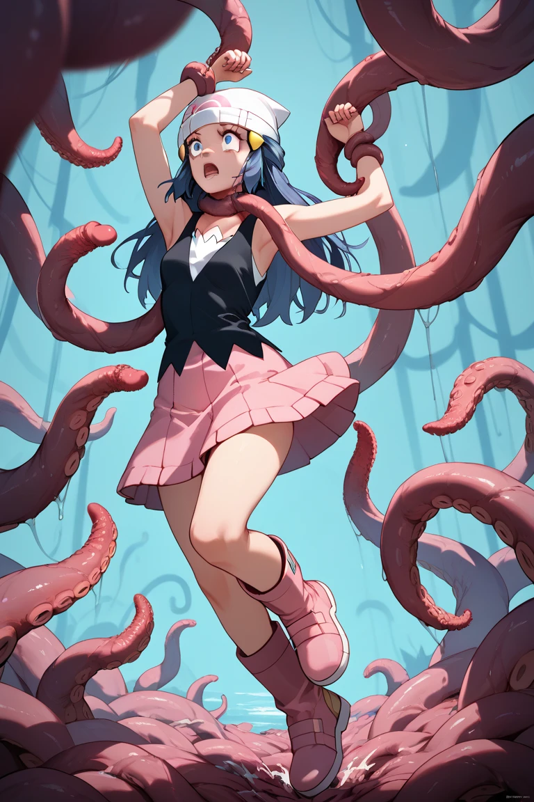 ((best quality)), ((highly detailed)), absurdres, (detailed eyes),1girl,20 years old,mature female,solo,long hair,dark purple hair,(((white shirt,black standart tie,black skirt))),dynamic pose, cowboy shot, (((scylla))), (((octopus girl))), standing, (tentacles:1.33), (suction cups:1.33), (fused:1.33), ((tentacle legs)), squidlegs, ((underwater,sea,night)),leaning forward, serious,