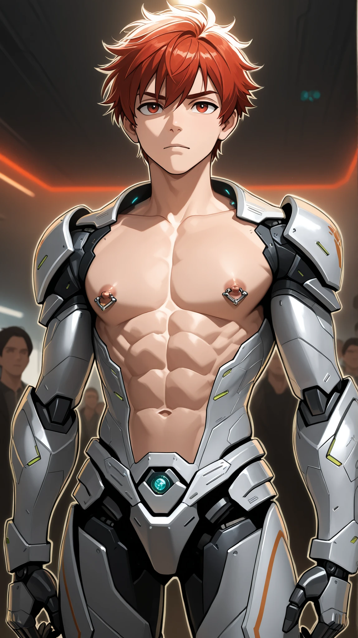 A high-definition image of a young shota boy wearing a mecha robotic full body armor that open only at the abdomen and chest, revealing defined abs and chest to his nipples, The background shows a futuristic, high-tech setting with advanced machinery and dim, atmospheric lighting to emphasize the details of the armor and the boy's physique. The boy looks determined and focused, as if preparing for an upcoming battle or mission. art style and the armor should be cover all his body except for abs and chest,A broader chest calm face,dark atmosfer,good shedding,red short hair,good nipple,chest and abs looks shinny,young age all hd quality,semi realistic, good line art and light from his back,good abs,solo leveling art style,ring nipple piercing with shining gewel ,(full cover side and back),make sure to keep open his chest and abs,futuristic laboratory with crowd his robotic army for background,silver robotic mecha armor,uncover neck,his neck should be exposed, exposed neck,no collar,no collar armor,ring shining glow nipple piercing gem.very muscular big chest,detailed abs and chest,the open armor should follow the reference image,armor same as reference image,puff up chest,all armor made from machine,and his arms are robotic,no fabric element,mechanical hands joint,Upright posture