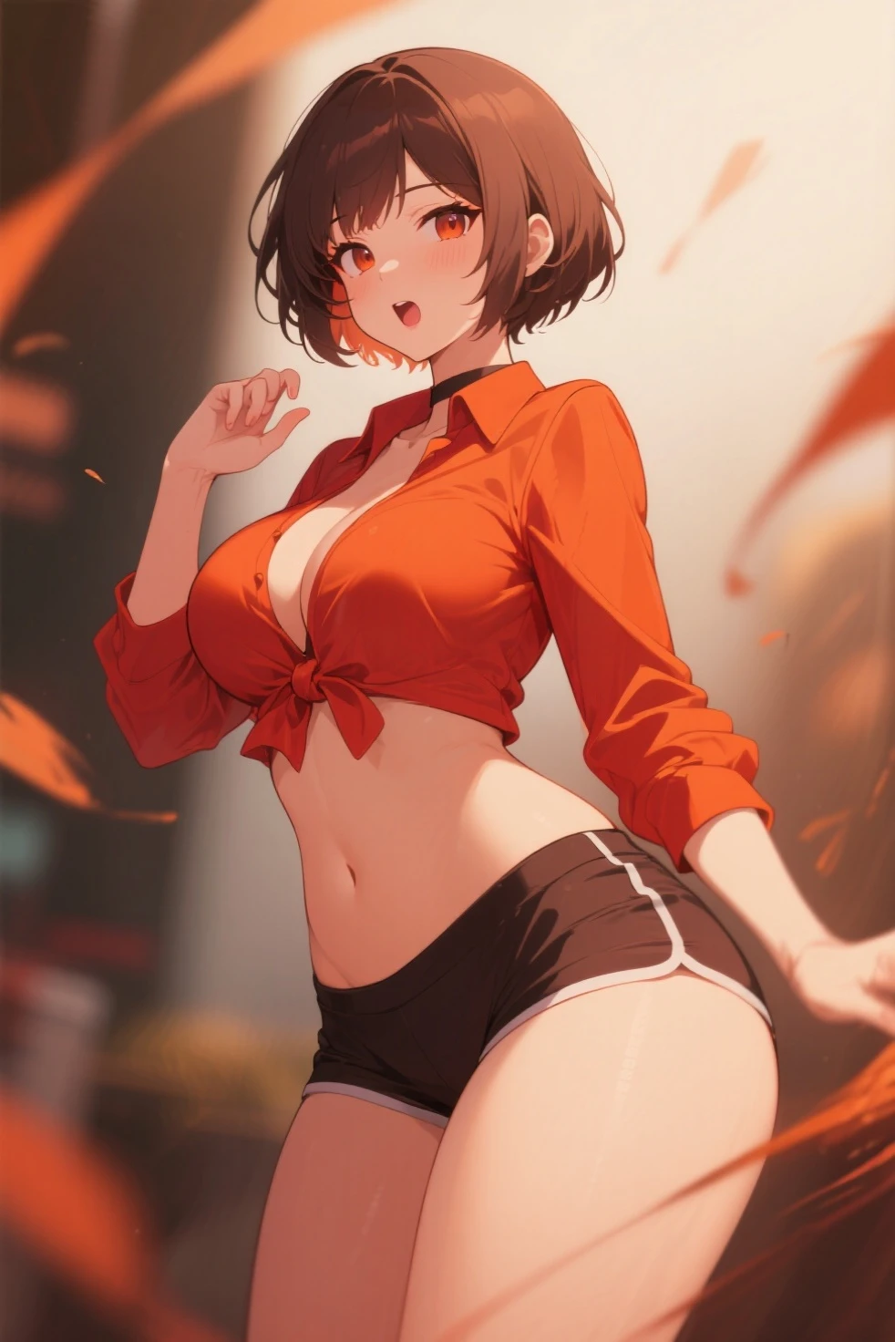 X-rated，Under the legend，Chara，teenage girl，Red-eyed，Smile，Sexy，green，Chest leak，short crop top，hot pant，with short brown haice turned red，Underwear model，lust，Hand repair，detail， clothing，HD，no underwares， television show，Upturned buttocks，stick out your tongue，Playful，love heart，sweat，big ass，sitting，opening legs，open legs，camel-toe，secretion，Liquid runoff，Thick liquid