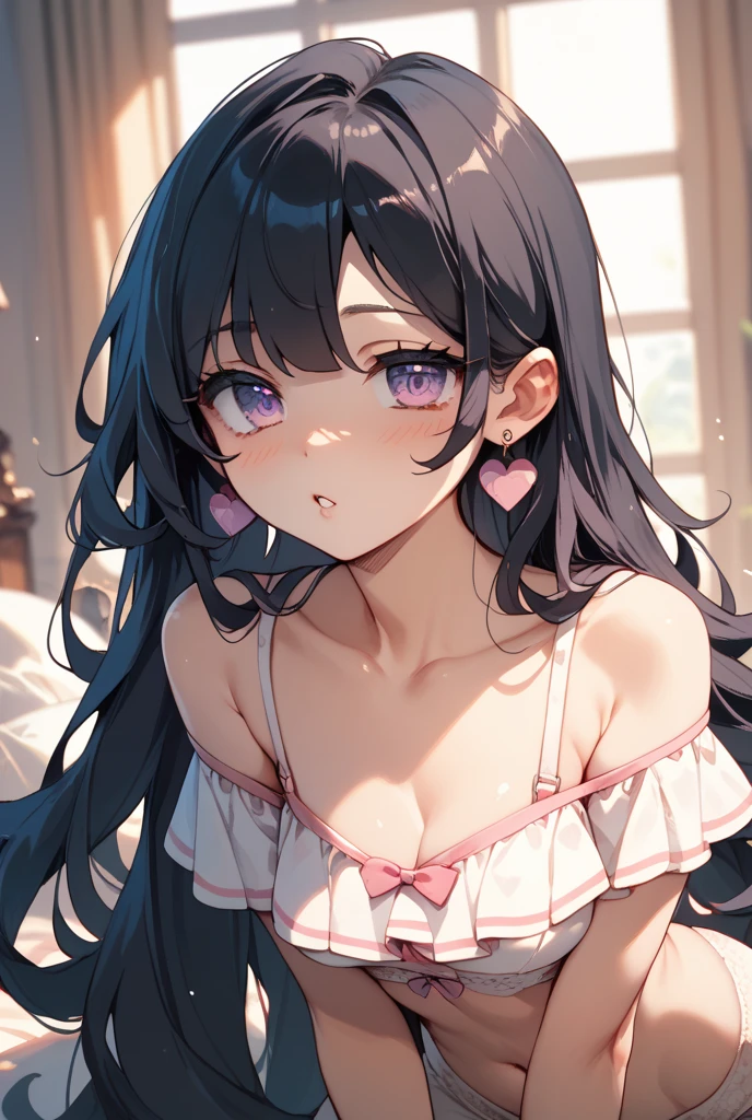 looking at viewer,looking up,from above,upper body,1girl,lick,Hands Behind Back,Tied with hands behind back,Beautiful 14 year old girl,Japanese,Slender,,low length,Small breasts,Baby Face,Small face,Black Hair,one side up,Gray Eyes,slit pupils,Drooping eyes,middle School girls,Sheer black and pink negligee,lingerie,first round,open mouth,tongue out,front face,Straight Stand,Beautiful and detailed anime art,Mischievous smile,Sexy vibe,cum on tongue,Dimly lit room,On the bed,Simple Background,Gray background,Low lighting