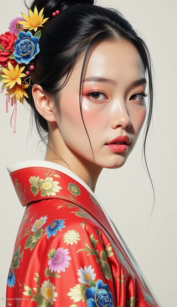 A green skinned woman in a red kimono