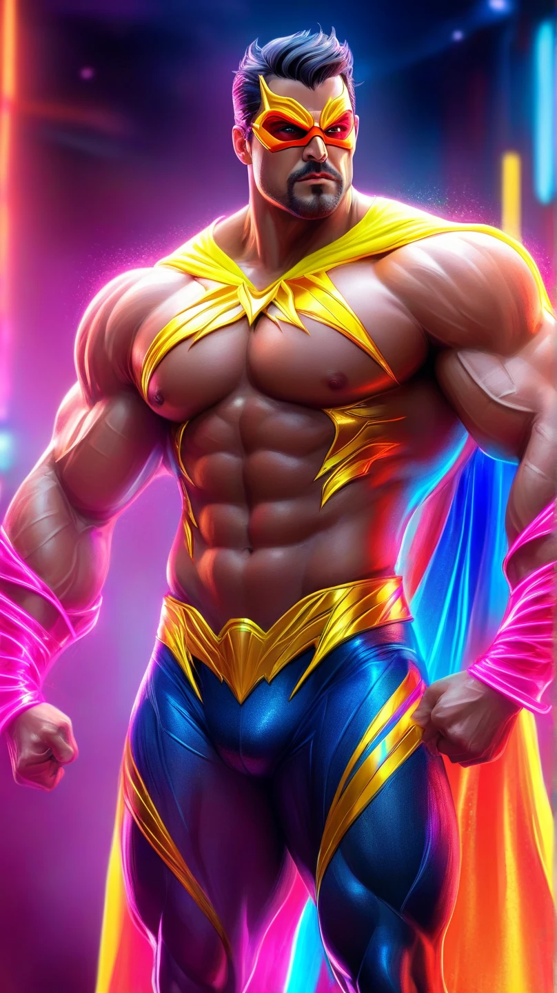 Dressed as the superhero “Mental Mind” a very handsome, sweet and truly massive monster Caucasian bodybuilder is showing off his huge bicep muscles and meaty thighs. Intense young adult. brown hair, powerfully muscled, massive shoulders and biceps. well-defined six pack. Thick gold necklace. Eye mask and cape