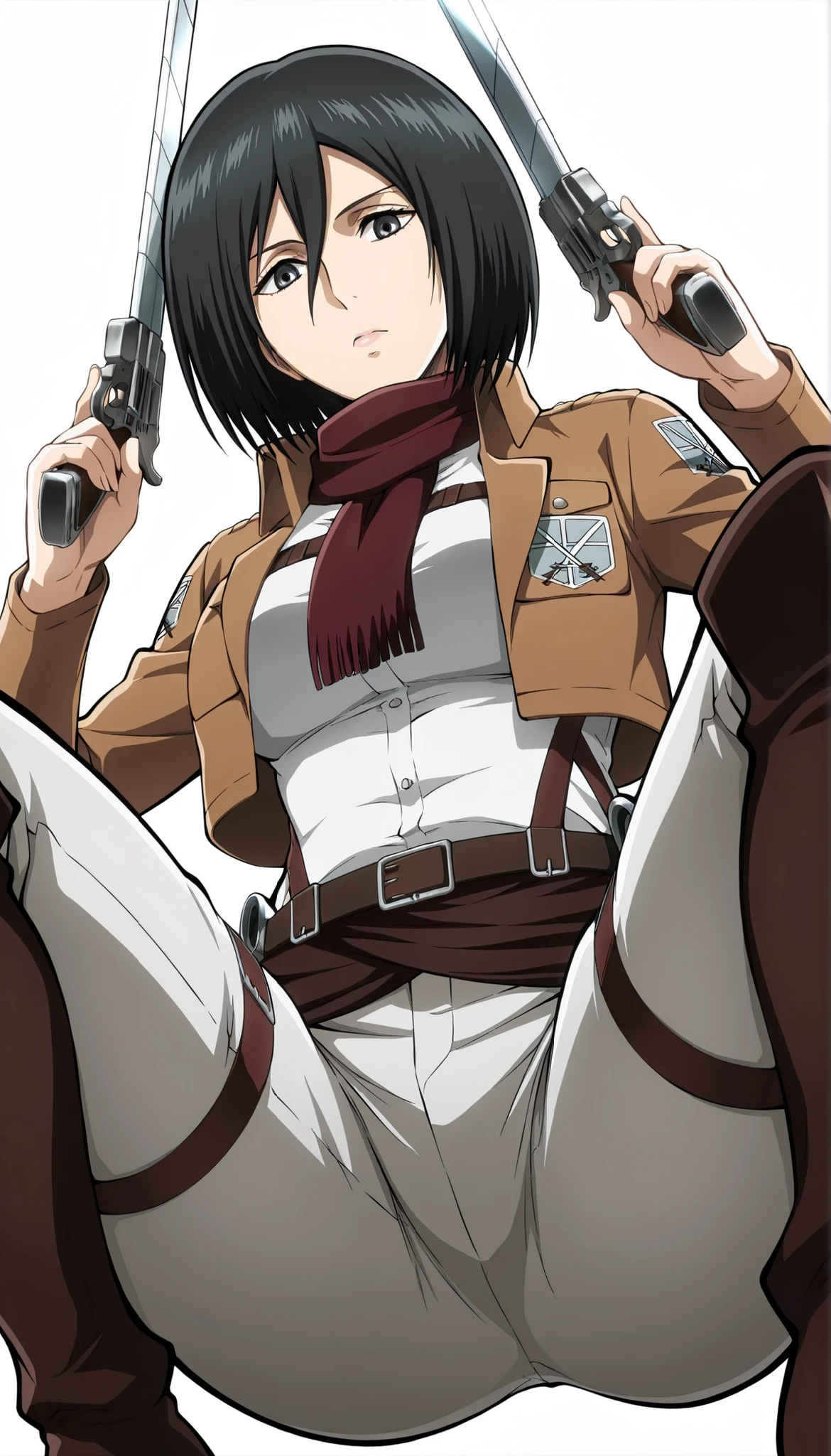 mikasa ackerman, 1girl, short hair, black hair, looking at viewer, closed mouth, paradis military uniform, scarf, jacket, open jacket, shirt, belt, thigh strap, pants, soft thighs , l, , dual wielding, squatting , looking at viewer from below between her thighs, white background, simple background, masterpiece, best quality, highres, very aesthetic, very awa, newest, amazing details, intricate details, ultra detailed