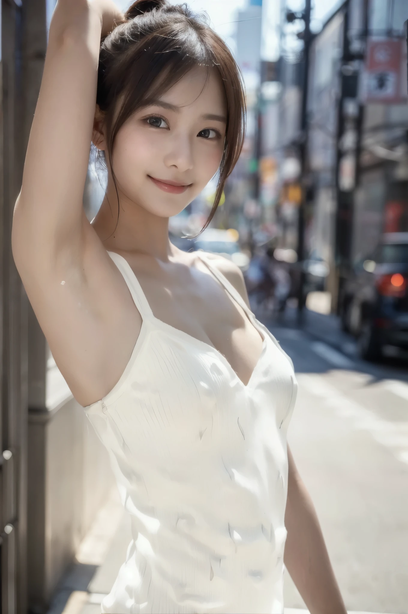 cute, (((アイドルのようにcute16歳少女)))、Smiling Kindly、(((Height 150cm, short)))、(Large Breasts)、(((No bra and a white see-through dress)))、Cleavage、((Full body portrait))、((Stroll through the luxury brand shops))、(Accurate depiction)、Natural light、RAW Photos、Genuine、live-action、realism、masterpiece、RAW Photos、High resolution