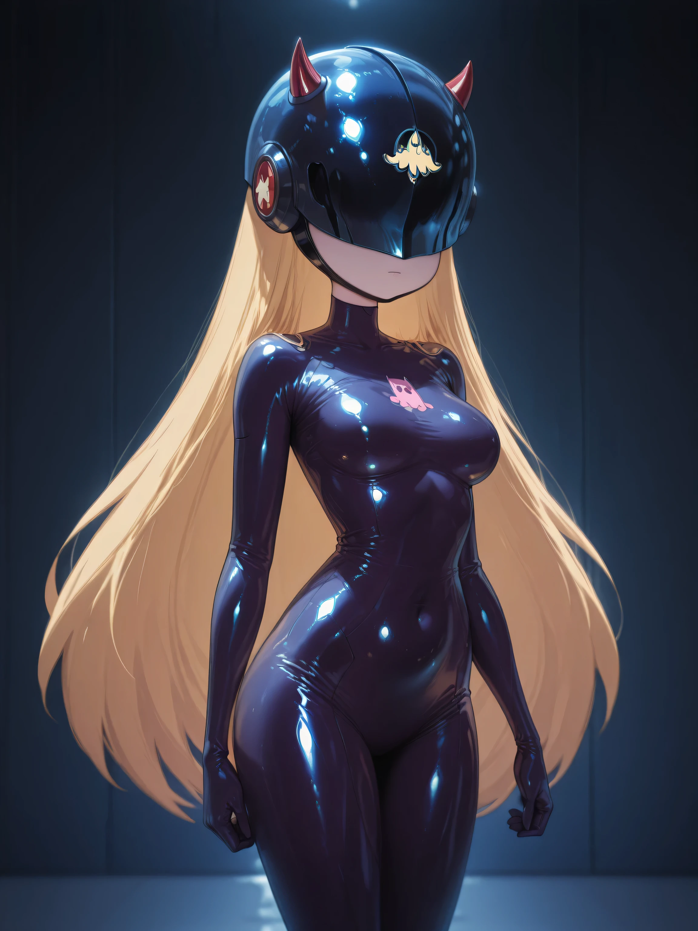starbutterfly, 1girl, blonde hair, bodysuit, shiny clothes, covered eyes, dark persona, helmet, covered face , science fiction
