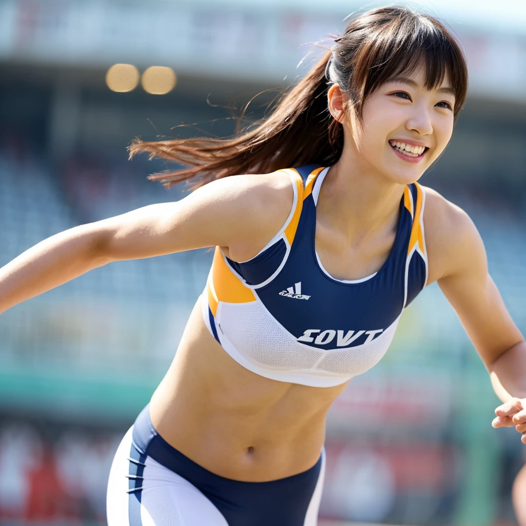 (8K、Raw photography、top-quality、masterpiece:1.2)、(realisitic、Photorealsitic:1.37)、ultra-detailliert、超A high resolution、女の子1人、see the beholder、beautifull detailed face、a smile、Constriction、(Slim waist) :1.3)、Shirts、Beautiful detailed skin、Skin Texture、Floating hair、Professional Lighting、The upper part of the body、Whole human body、Longhaire、a blond、Women's Marathon Uniforms、athletic field