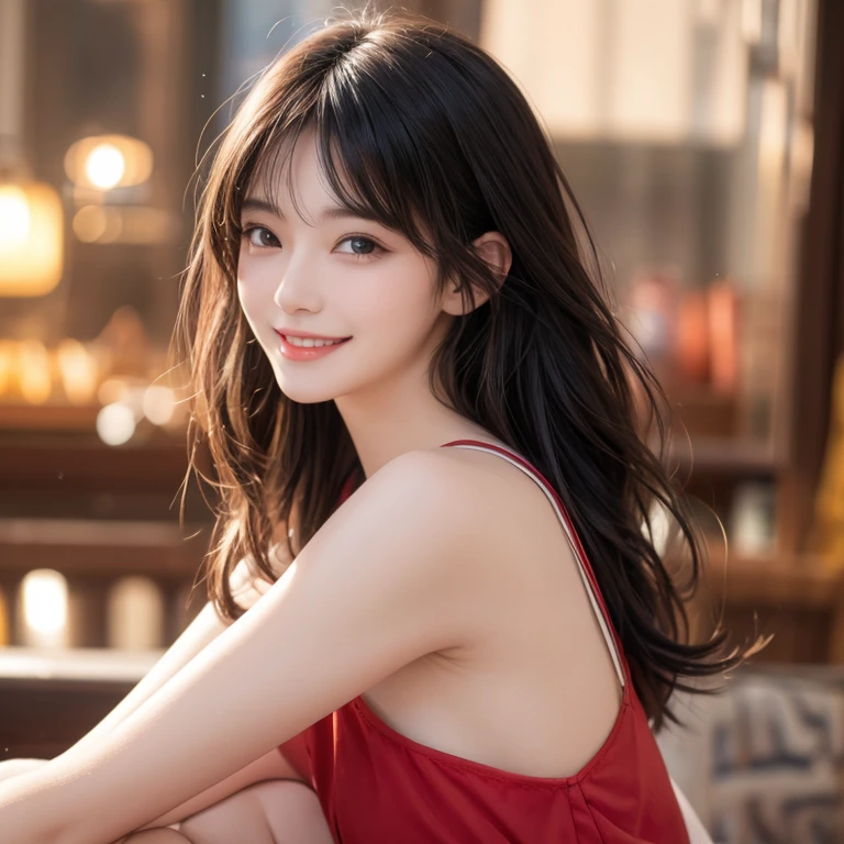 film portrait photography, 1girl, bare shoulders, wavy shoulder-length hair (realistic detailed eyes, natural skin texture, realistic face details), soft dramatic lighting, depth of field, bokeh, vibrant details, finely detailed, hyperrealistic, 35mm film, hazy blur, filmg,happy smile, dancing, wearing a red black university uniform dress
