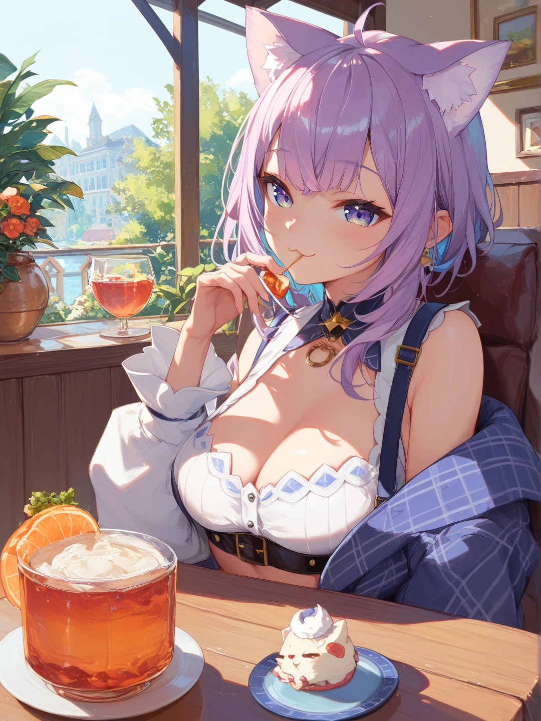 Young girl, long violet hair, curly hair, blue eyes, sheep horns, fur coat, tea, smile, open breasts, sitting on chair, Masterpiece, best quality, Full HD, 8k, ultra details, great graphic