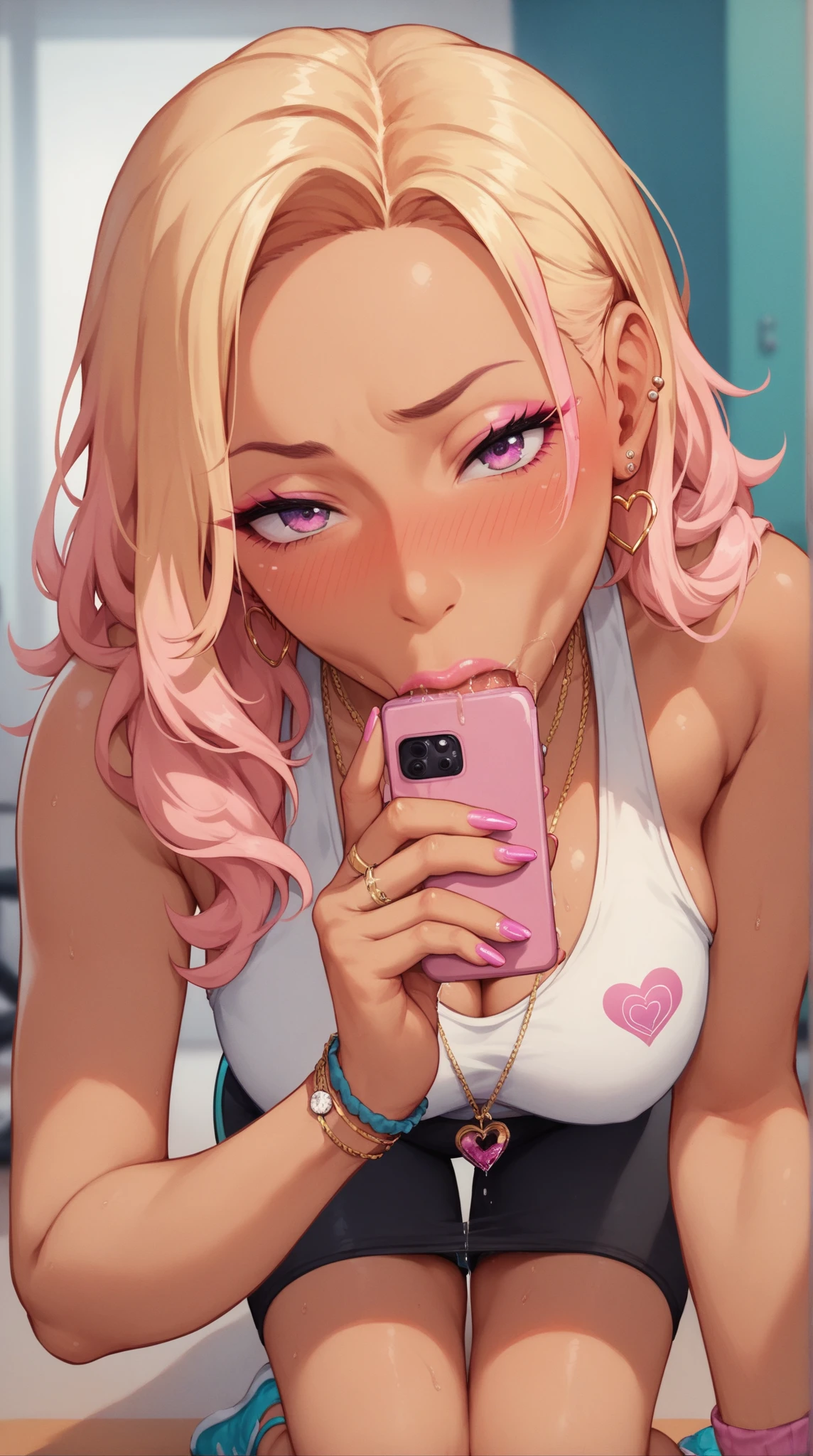 ((sexy girl ,gyaru))nsfw,glamorous, yoga wear.point the smart phone,embarrassed,blush,looking at viewer,tortoise shell bondage