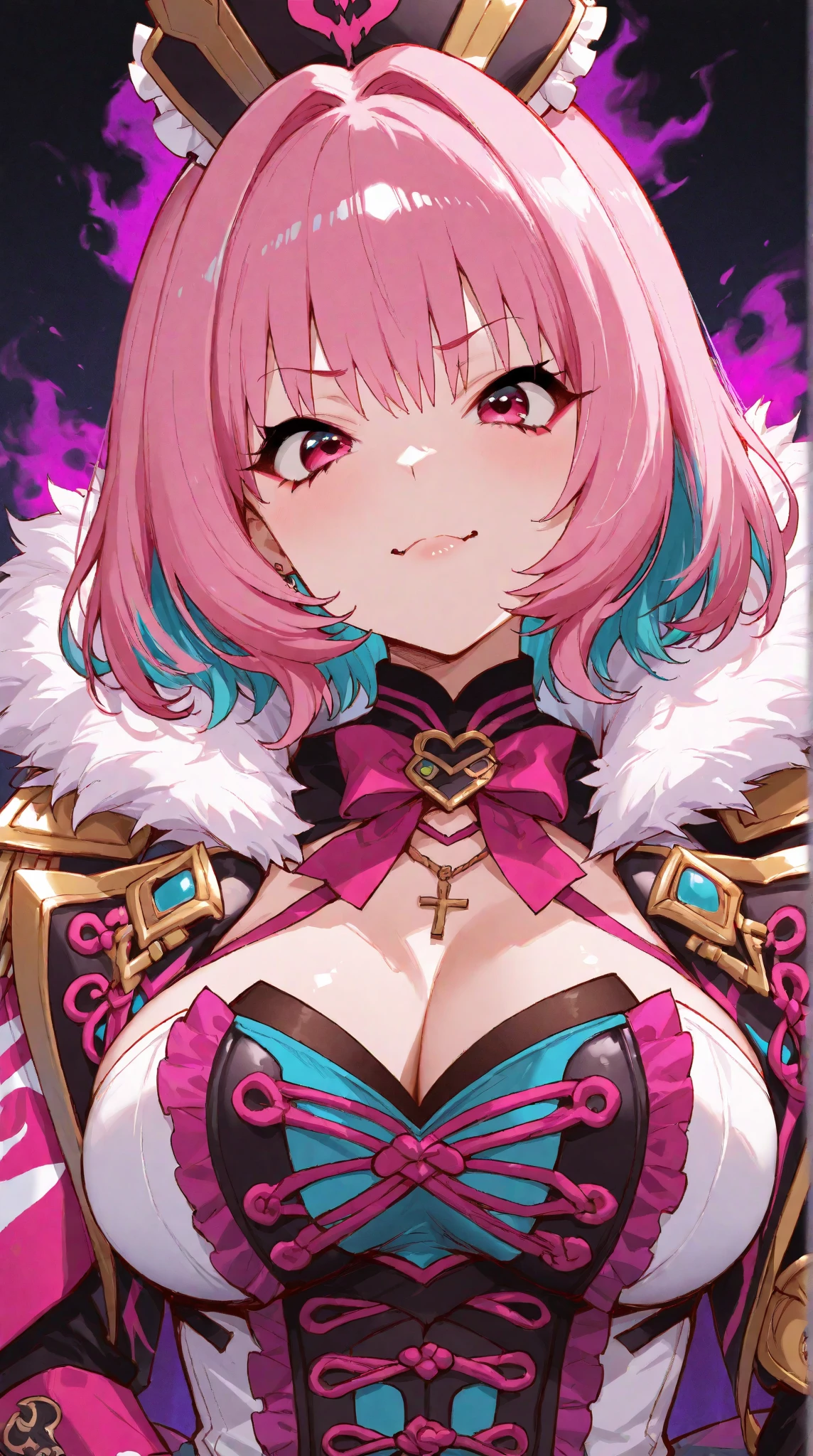 (masterpiece:1.3), (absurdres:1.3), (best quality:1.3), (ultra-detailed:1.3),(best shadow:0.7), (handled hair), (sharp eyeliner, eyeshadow, detailed eyes:1.1), perfect anatomy, BREAK 1girl, solo, corruption, (military uniform, uniform) , red hair, asymmetrical bangs, long hair, floating hair, red eyes, glowing eyes, narrow waist, medium breasts, dark aura, closed mouth, evil smile, glossy, glitter, gold accessories, headdress, jewelry, medal, medallion, hair ornament, (black bodysuit, frilled dress, frills, black gloves, covered_shoulders), layered dress, highleg leotard, latex legwear, pubic_tattoo, tattoo, glowing_pubic_tattoo, black cloak, red cloak, choker, (red gem, yellow gem, purple gem, pink gem, red gem), thigh strap, all fours, leaning forward, upper body, from below, hand on hip,
BREAK light particle, ice, crystal, stars, magic, casting spell, spell, fantasy, magic dust, summoning,