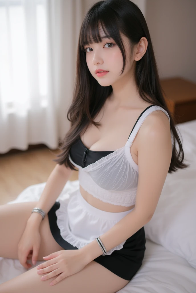 A maid, (in bedroom), various hair styles, night, details face, short skirt, seducing, sleeveless, maid uniform, armpits, laying on bed